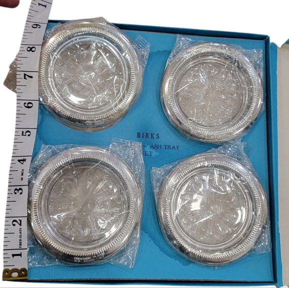 Birks Vintage Coasters Set of 4 in Original Box Glass & Silver Plate / Ashtrays - Picture 15 of 16